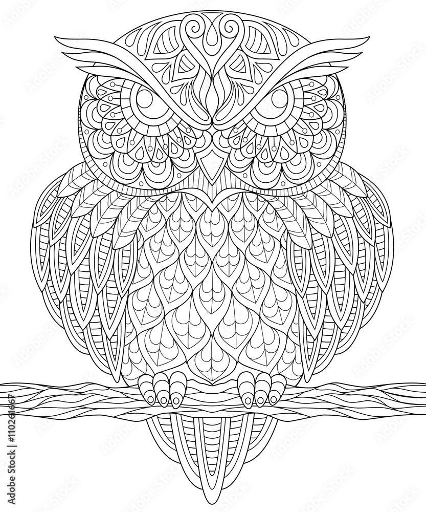 Fototapeta premium Owl. Adult anti-stress coloring page. Black and white hand drawn illustration for coloring book