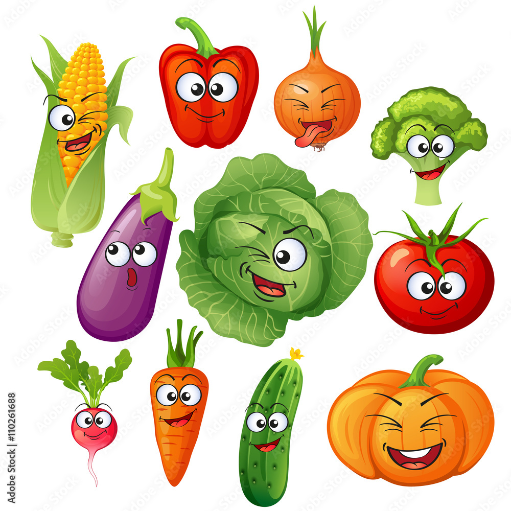 Cartoon vegetable characters. Vegetable emoticons. Cucumber, tomato,  broccoli, eggplant, cabbage, peppers, carrots, onions, pumpkin, radish,  corn Stock Vector | Adobe Stock