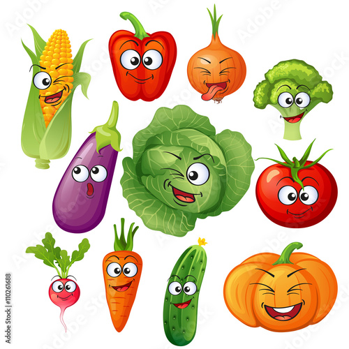Cartoon vegetable characters. Vegetable emoticons. Cucumber, tomato, broccoli, eggplant, cabbage, peppers, carrots, onions, pumpkin, radish, corn