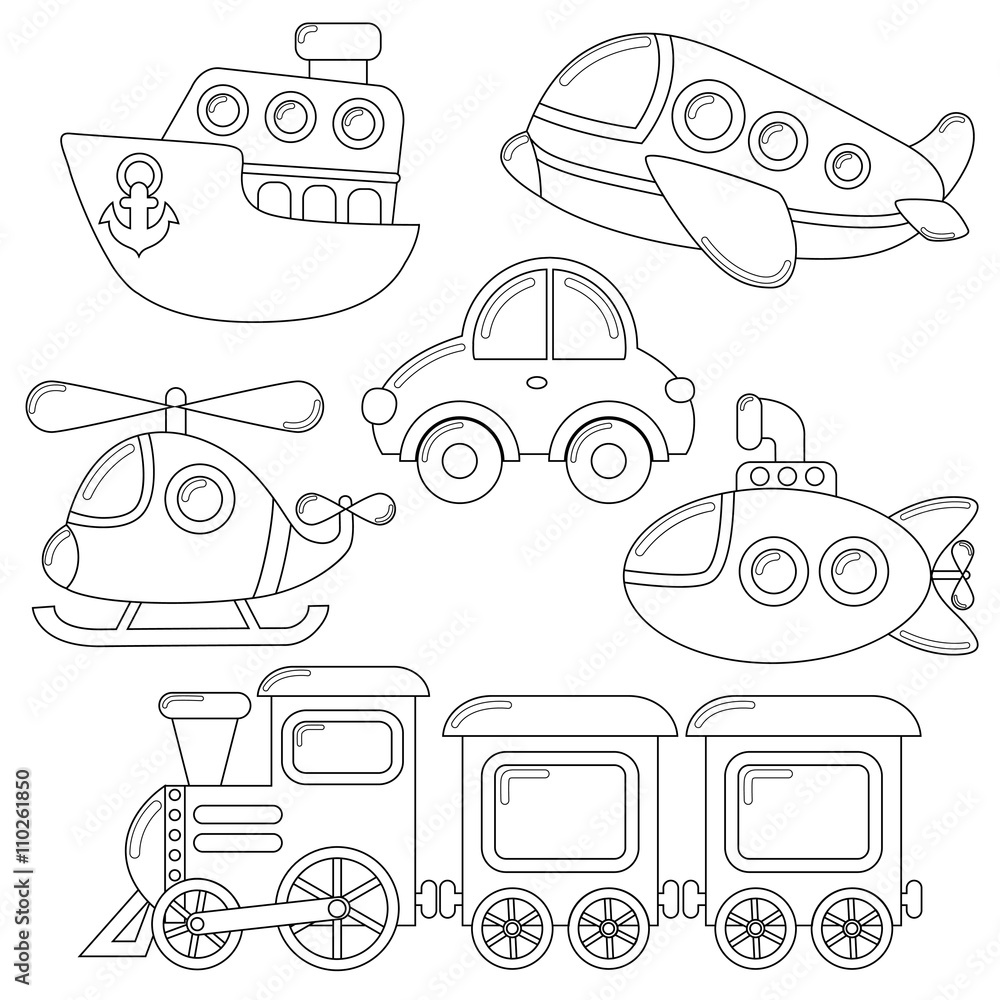 Set of cartoon transport icon. Car, submarine, ship, plane, train ...