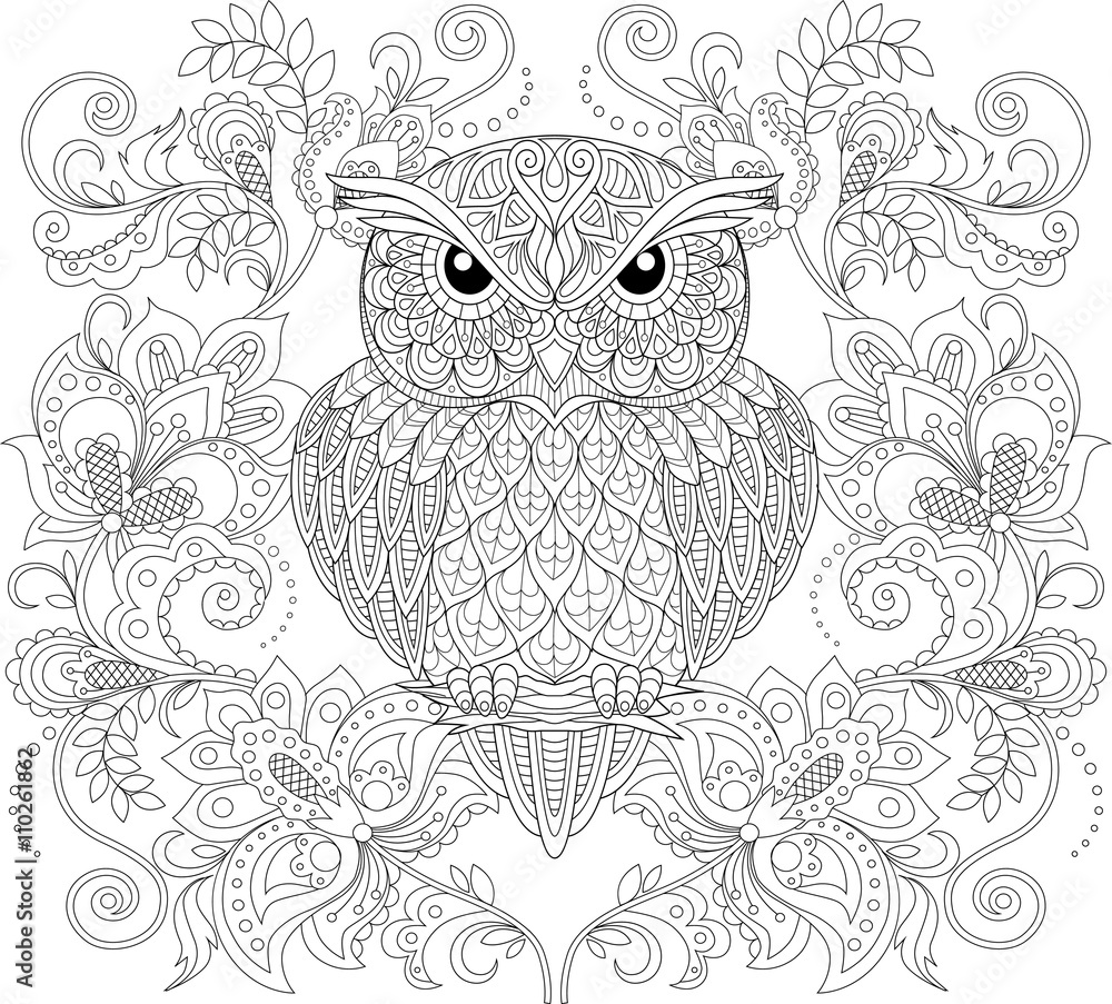 Naklejka premium Owl and floral ornament. Adult antistress coloring page. Black and white hand drawn doodle for coloring book