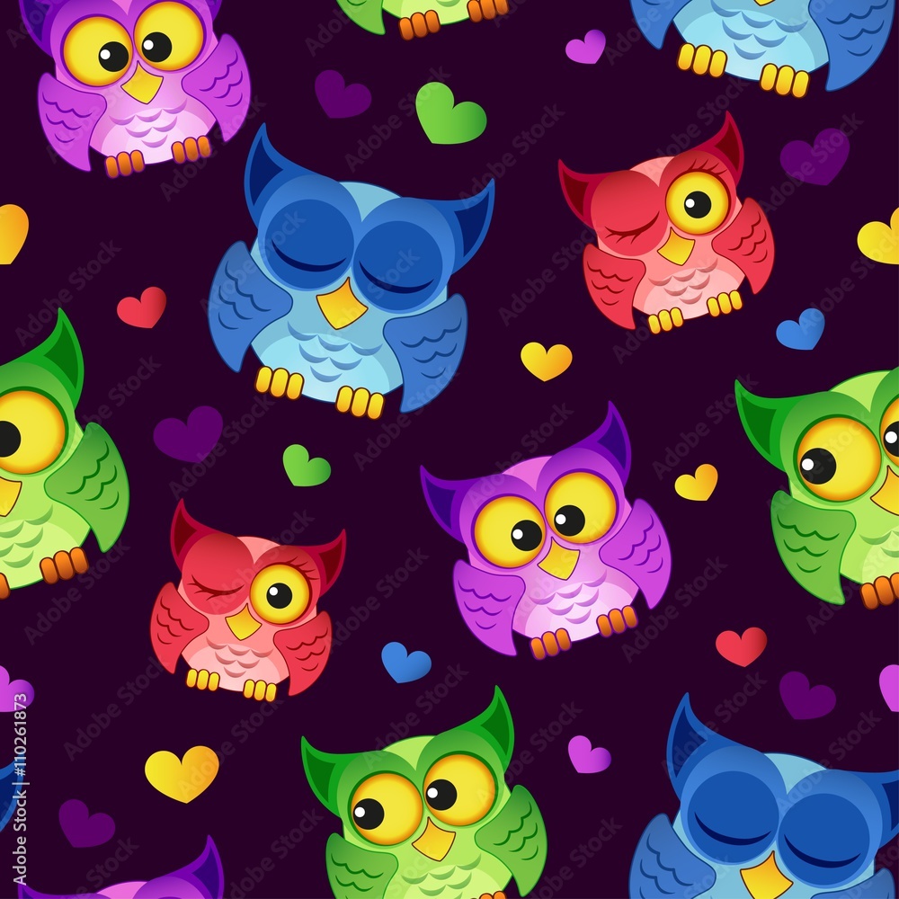 Obraz premium Seamless pattern with owls and hearts