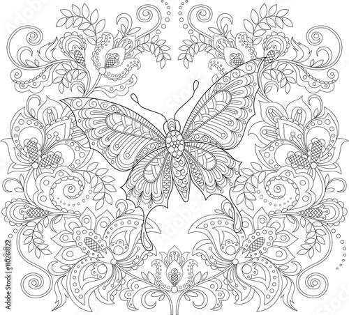 Butterfly and floral ornament. Adult antistress coloring page. Black and white hand drawn doodle for coloring book