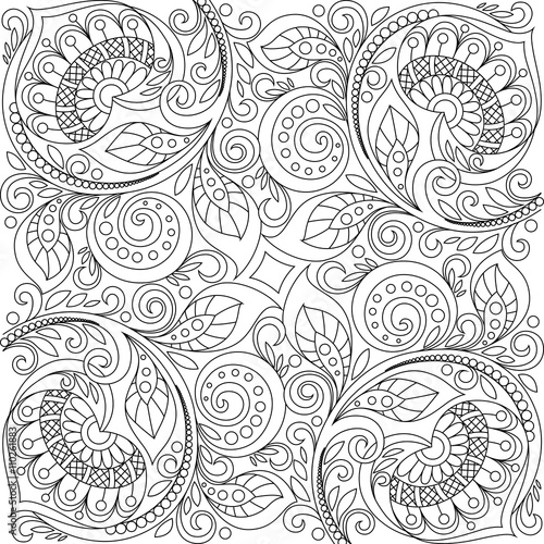 Floral background with hearts. Floral decorative pattern. Adult antistress coloring page. Black and white hand drawn doodle for coloring book