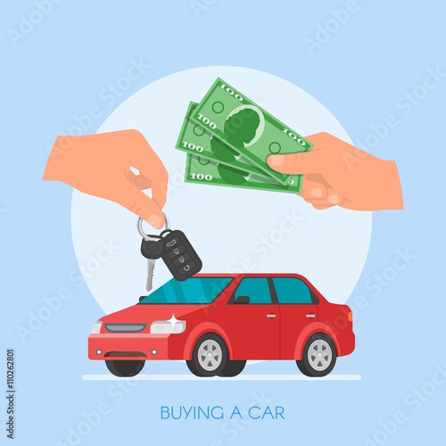 Car sale vector illustration. Customer buying automobile from dealer concept. Salesman giving key to new owner. 