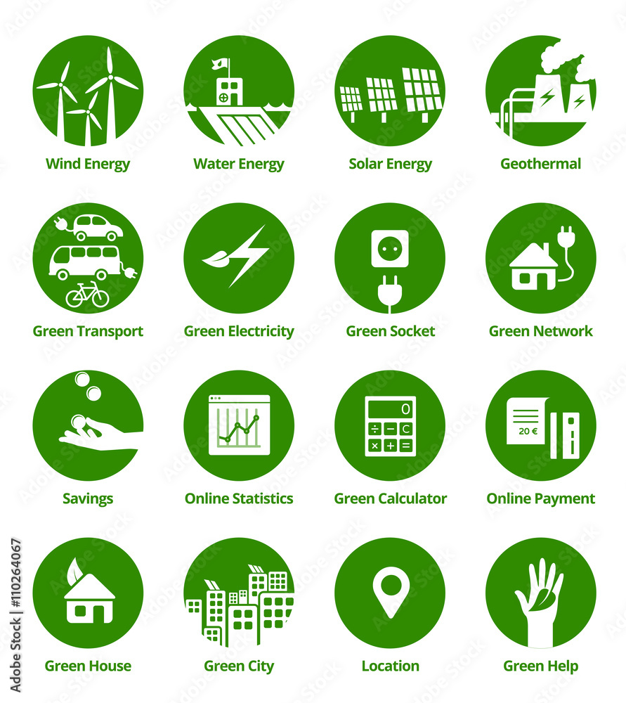 Green energy & ecology icons in green circles. Green energy & ecology icons in green circles.