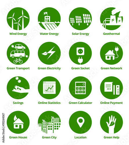 Green energy & ecology icons in green circles.