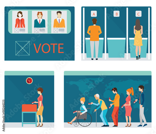 Info graphic of Voting booths with people waiting in line.