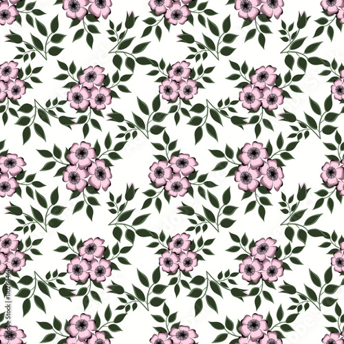 Floral seamless pattern in retro style, pink flowers white background