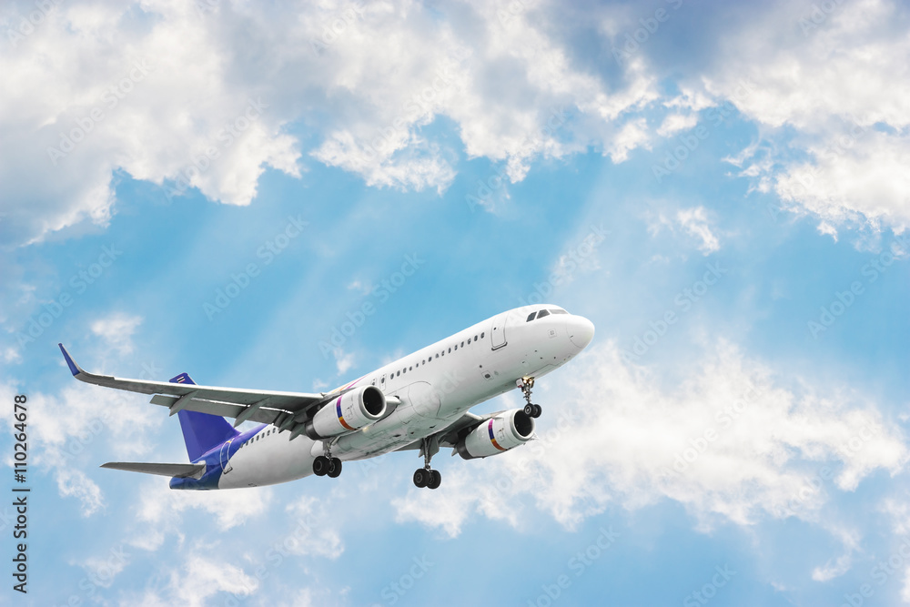 Fototapeta premium Airplane flying on blurred blue sky