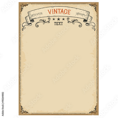 Vintage background on old paper with ornate frame and scroll