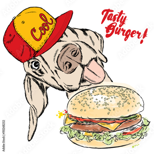 Tasty burger and a fun dog. Vector illustration. Print menu for decoration, advertising, web site or print on clothes. photo
