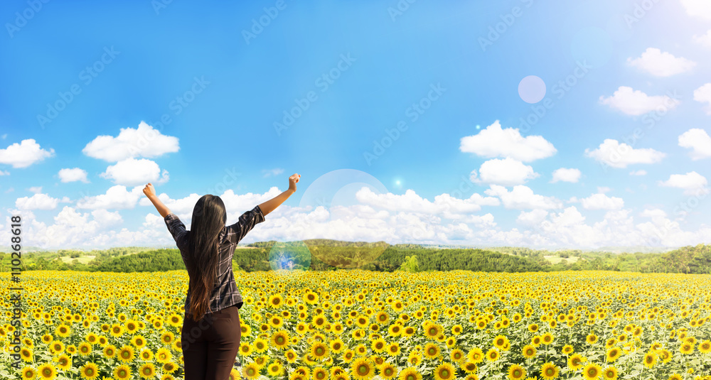 Rare view of women raise arms embrace sunflowers field Rare view of women raise arms embrace sunflowers field