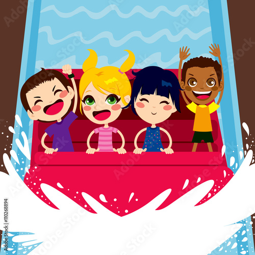 Four happy kids enjoying a water boat ride on amusement park