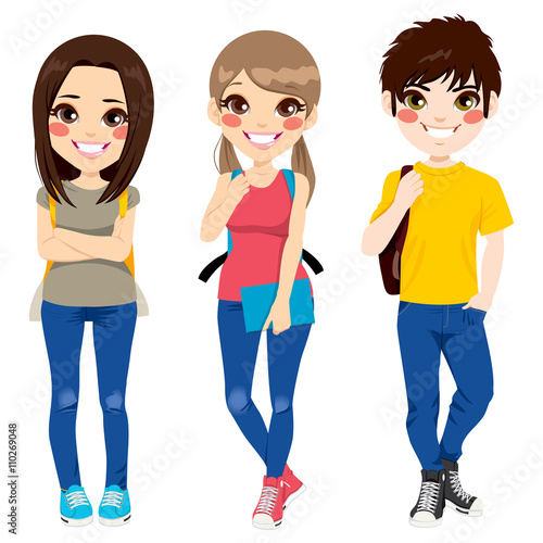 Three young teenagers smiling happy together standing ready to go back to school with backpacks and notebook