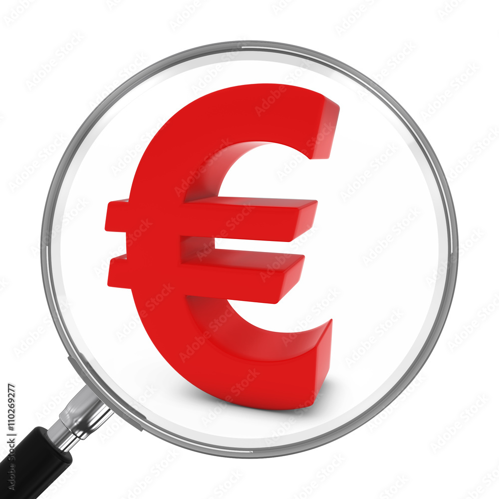Red Euro Symbol Under Magnifying Glass - 3D Illustration Red Euro Symbol Under Magnifying Glass - 3D Illustration