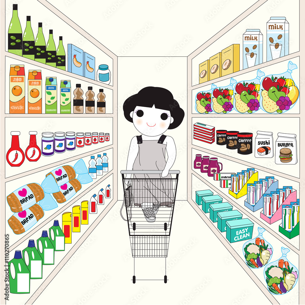 Woman Shopping At Groceries Store Supermarket illustration Woman Shopping At Groceries Store Supermarket illustration