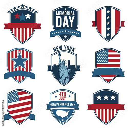 Shield. Emblem. US National symbols. Set of vector icons, stamps