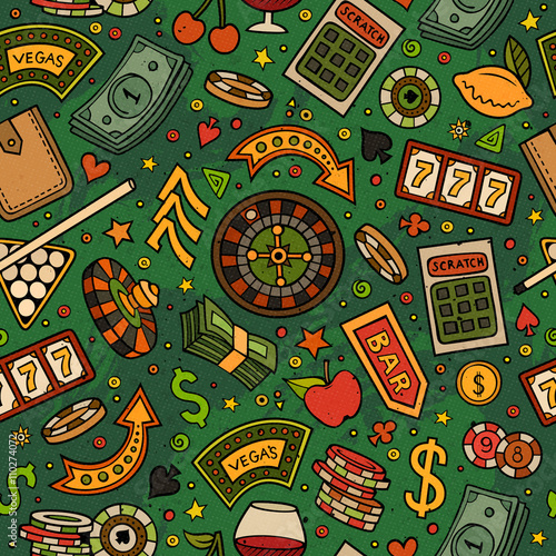 Cartoon hand-drawn casino, games seamless pattern