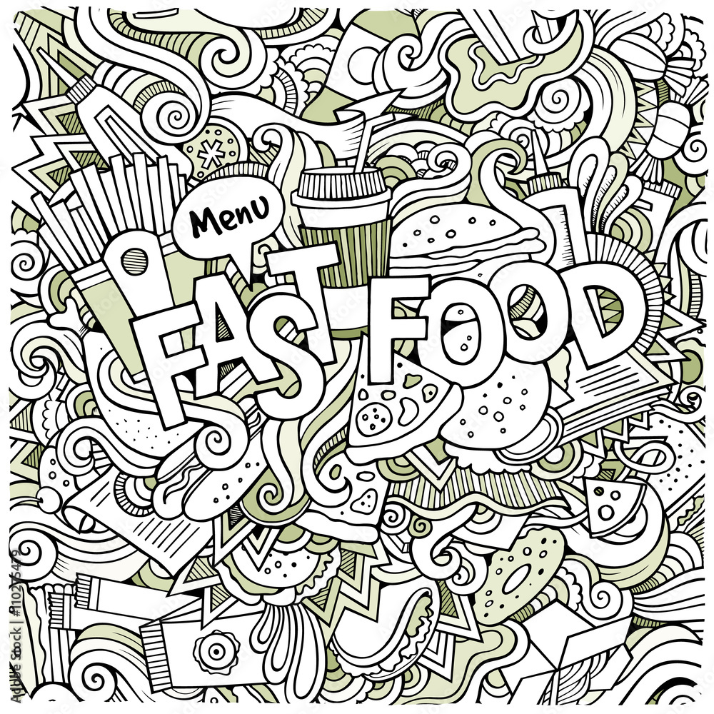 Fast food hand lettering and doodles elements background Fast food hand lettering and doodles elements background