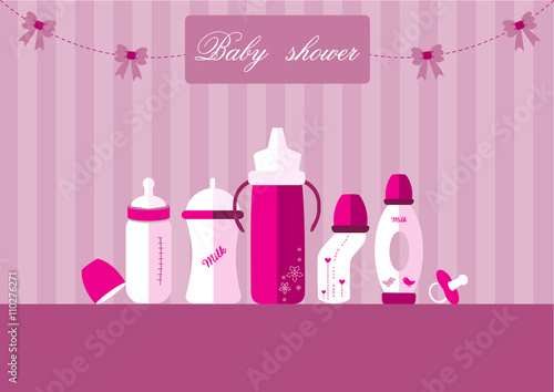 Set of baby milk bottles and pacifier,Design for baby shower cards,Vector illustrations