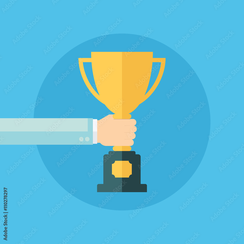 Male hand holding winner's cup. Winner trophy award. Gold trophy cup. Flat vector illustration. Male hand holding winner's cup. Winner trophy award. Gold trophy cup. Flat vector illustration.