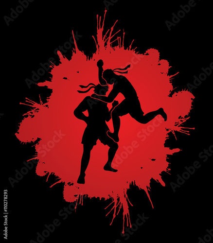 Muay Thai, Thai Boxing, action designed on splash blood background graphic vector