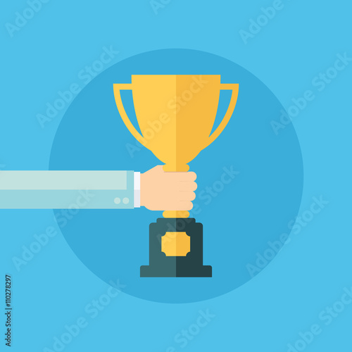 Male hand holding winner's cup. Winner trophy award. Gold trophy cup. Flat vector illustration.