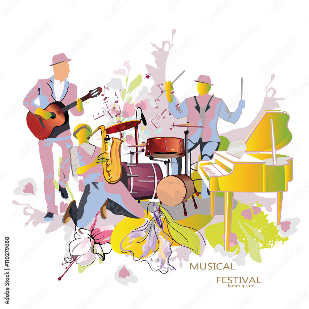 Abstract musical background with musicians. Saxophonist, guitarist, drummer.