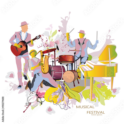 Abstract musical background with musicians. Saxophonist, guitarist, drummer.