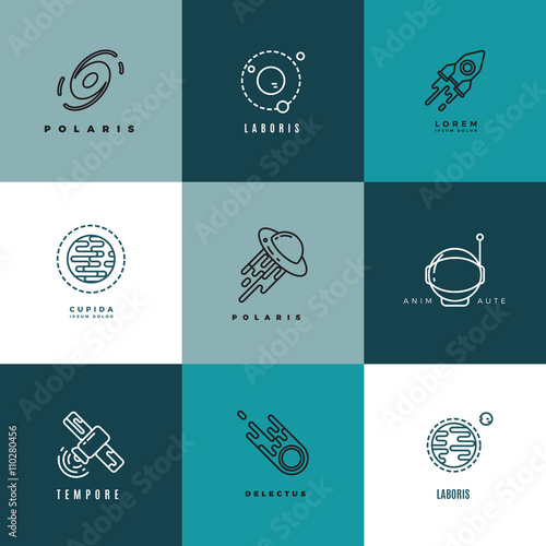 Universe and astronomy thin line vector icons and logos set. Shuttle and astronomy label, technology astronomy logo, sputnik astronomy logotype illustration