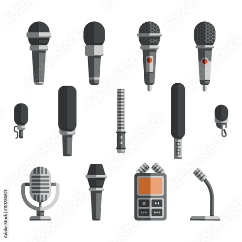 Microphones and dictaphone vector flat icons. Icon microphone, dictaphone electronic and recorder microphone, equipment microphone, device dictaphone, audio technology dictaphone illustration photo