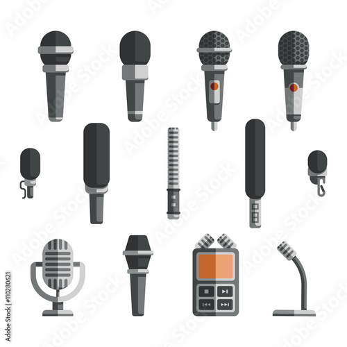 Microphones and dictaphone vector flat icons. Icon microphone, dictaphone electronic and recorder microphone, equipment microphone, device dictaphone, audio technology dictaphone illustration