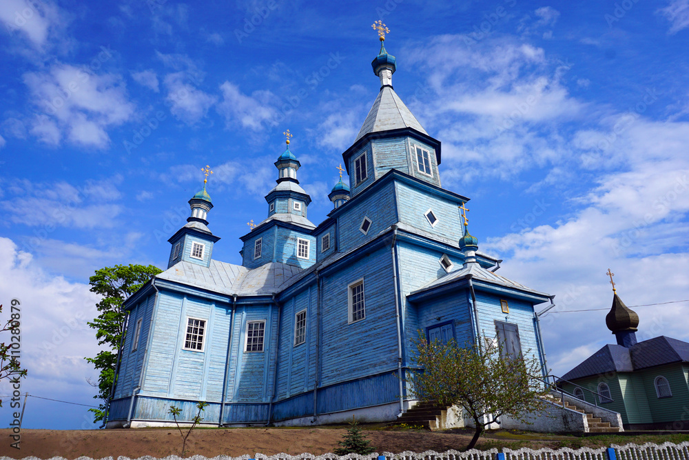 Old wooden Orthodox church in honor of St. Nicholas in 1818 in the Leather-Township. Built without a single nail. Belarus. Cultural and spiritual heritage of Belarus.