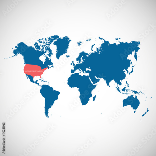 World map with marked country. USA. Vector illustration.  