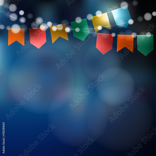 Brazilian june party. Festa junina. String of lights, party flags. Party decoration. Festive night, blurred vector background.