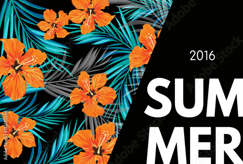 Summer tropical hawaiian background with palm tree leaves and exotic flowers