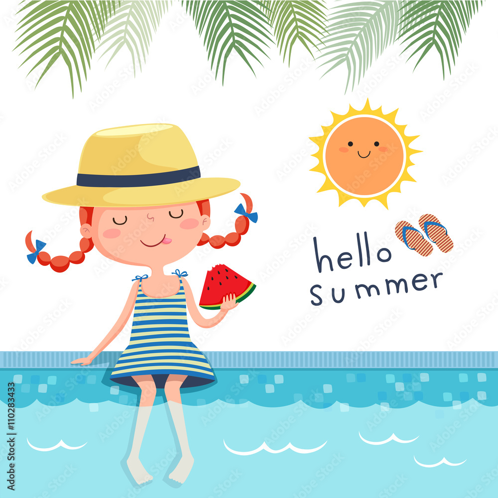 Fototapeta premium Girl eating watermelon at the pool