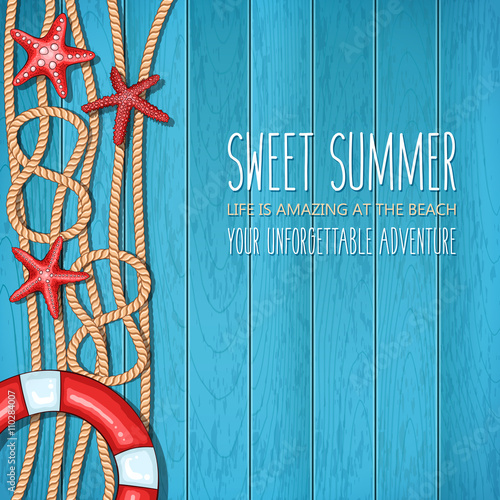 Summer nautical wooden background with lifebuoy, starfishes and ropes 