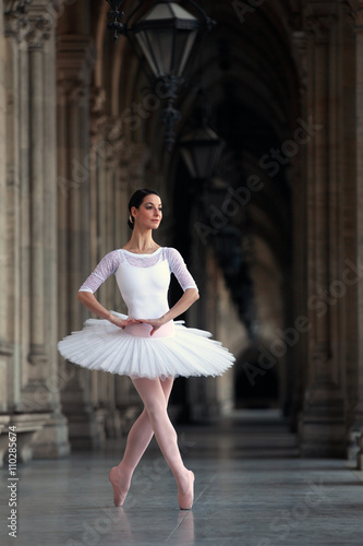 Graceful ballerina in white tutu dancing in a palace