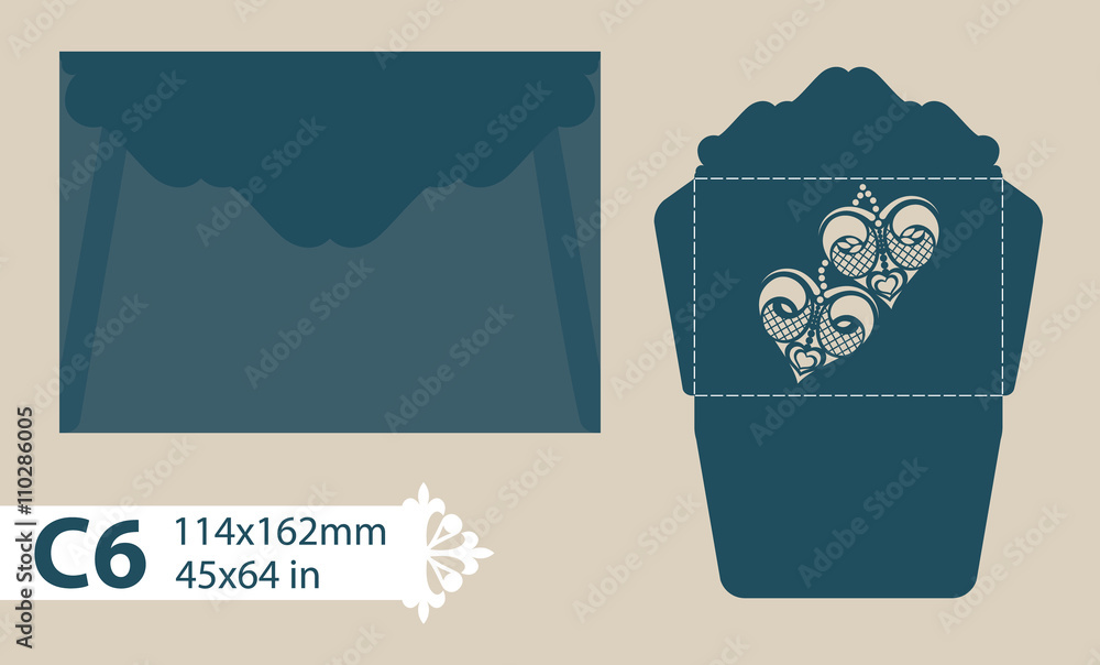 Layout congratulatory envelope with carved openwork pattern. Template is suitable for wedding greeting cards, invitations, etc. Picture suitable for laser cutting, plotter cutting or printing. Vector Layout congratulatory envelope with carved openwork pattern. Template is suitable for wedding greeting cards, invitations, etc. Picture suitable for laser cutting, plotter cutting or printing. Vector