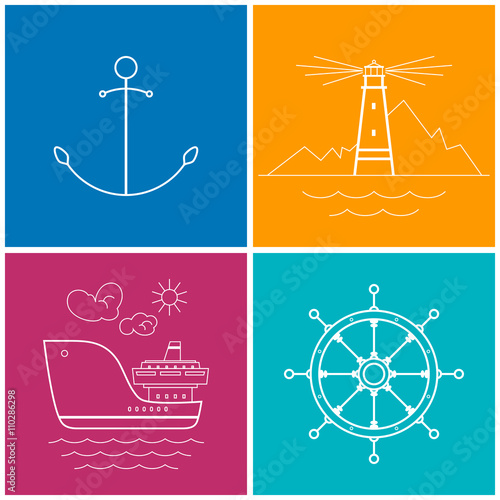 Set of Colorful Maritime Icons for Web Design, Anchor Icon, Lighthouse Icon , Cargo Ship Icon, Ship's Wheel Icon, Vector Illustration