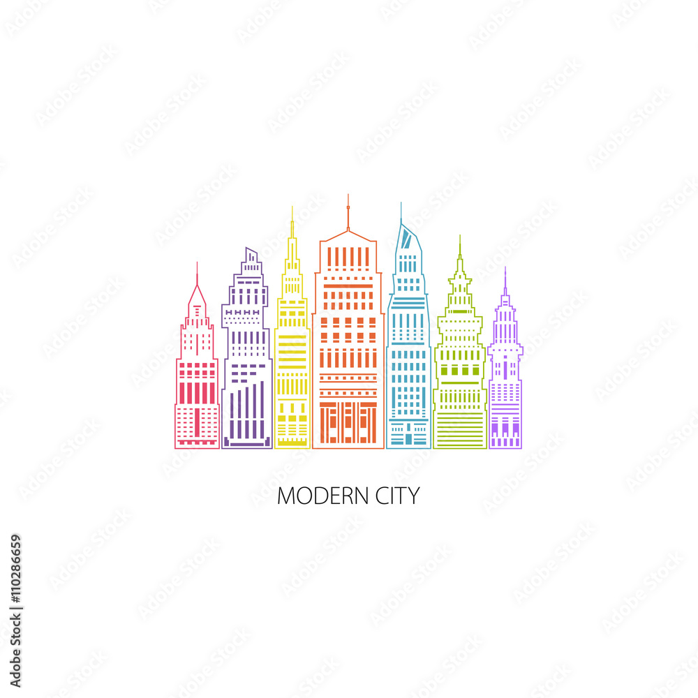 Colorful Modern Big City with Buildings and Skyscraper, Architecture Megapolis, City Financial Center , Architecture Concept, Logo Design Element, Emblem for Real Estate , Linear Style Design, Vector 