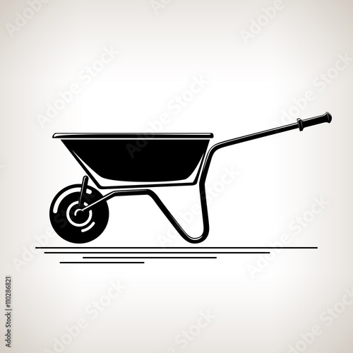 Wheelbarrow, Silhouette a Wheelbarrow on a Light  Background, Agricultural Tool Wheelbarrow , Garden and Carpentery  Equipment, Black and White Vector Illustration