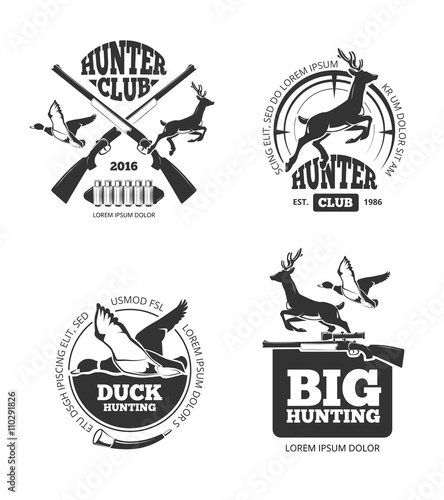 Vector retro vintage hunting labels, emblems, logos, badges. Hunting logotype, duck and deer, hunting hobby, hunting sport illustration