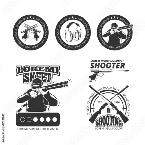 Vintage gun, pistol club vector labels, emblems, badges, logos. Shooting gun, shooting pistol emblem, shooting sport illustration