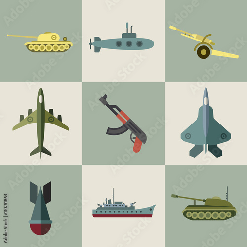 Military equipment and weaponry flat icons. Army warship, army plane, army equipment illustration