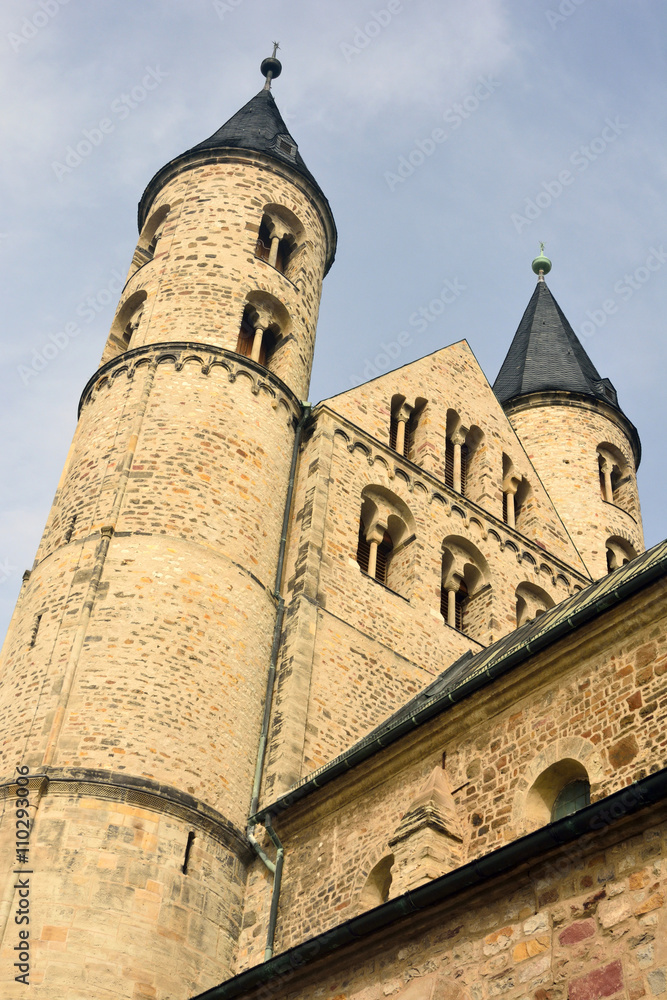 Towers of Klosterkirche St. Marien in Magdeburg, Germany. 