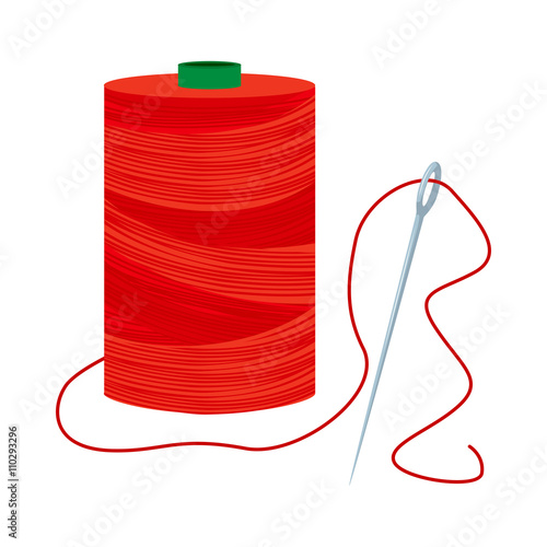 Red sewing thread spool and sharp needle with inserted thread