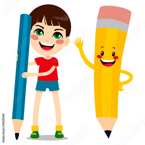 Cute little boy holding big pencil and funny pencil character friend